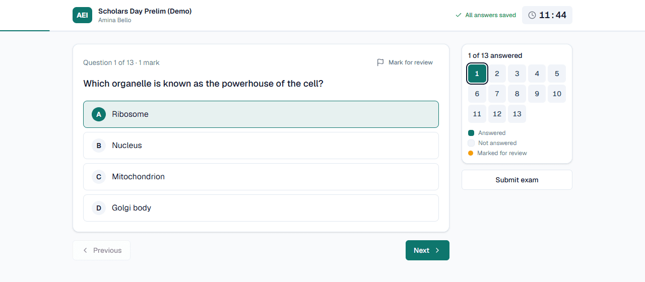 The exam screen with the save status, timer and question navigator