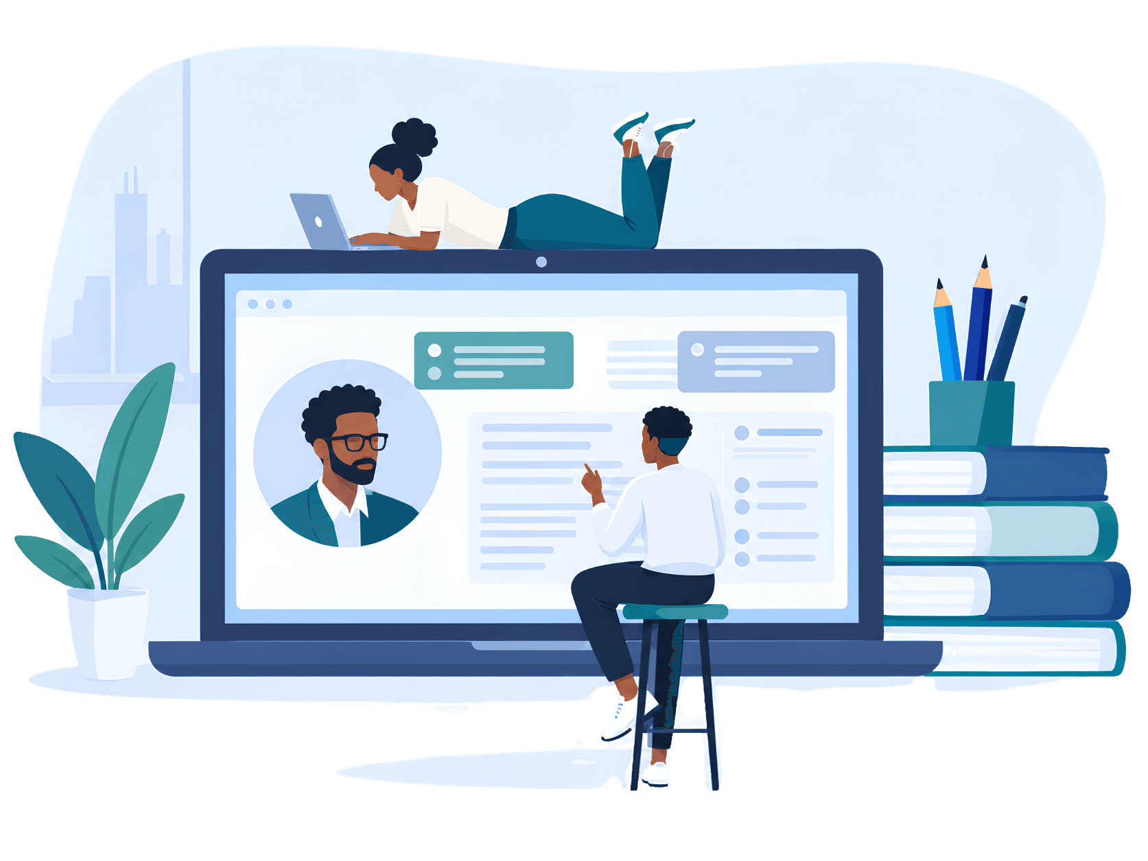 Illustration of people preparing for and taking an online exam around a large laptop