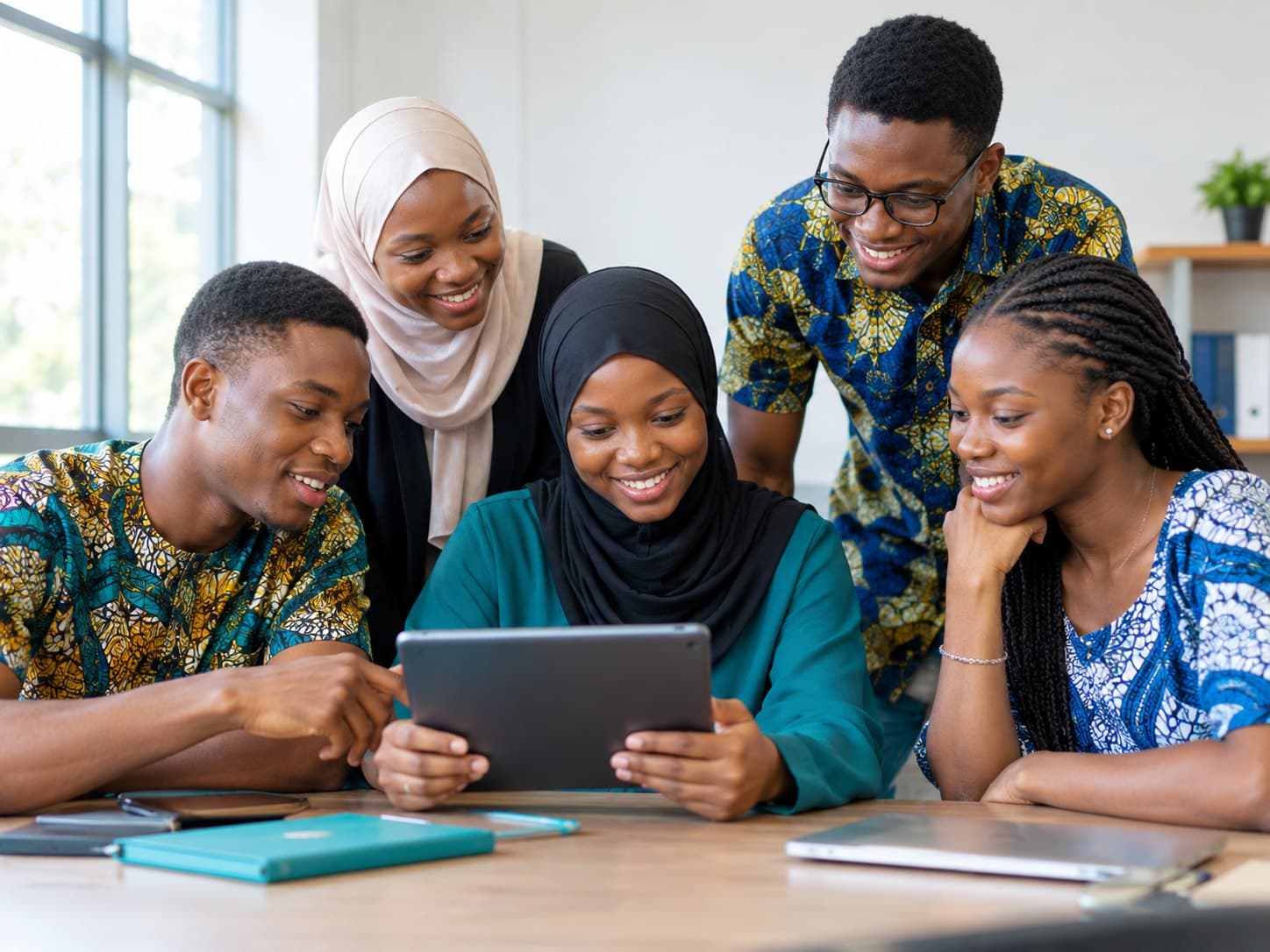 Members of a student association looking at a tablet together