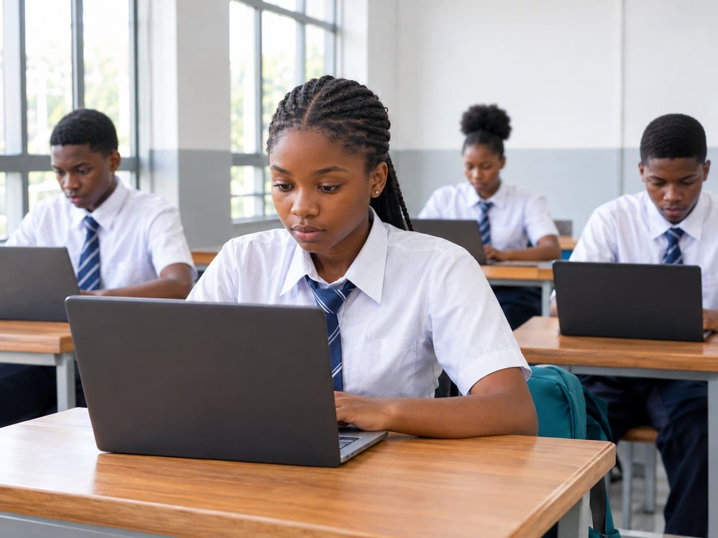 Secondary school students in uniform taking a computer-based test on laptops