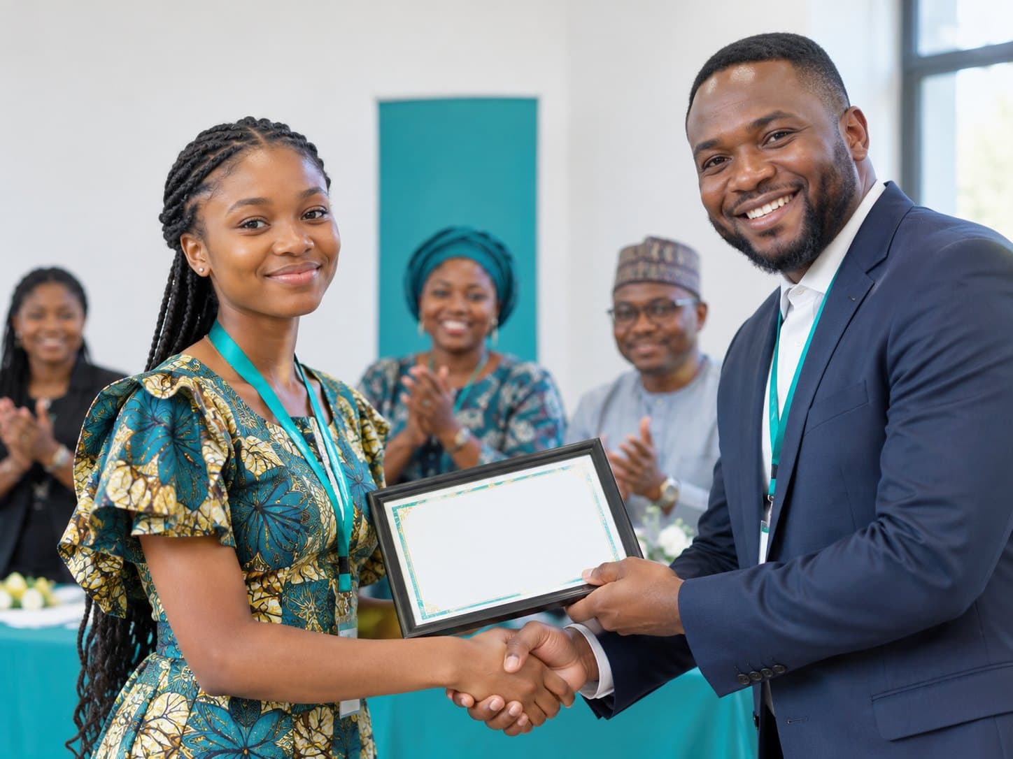A young woman receiving a scholarship certificate as guests applaud
