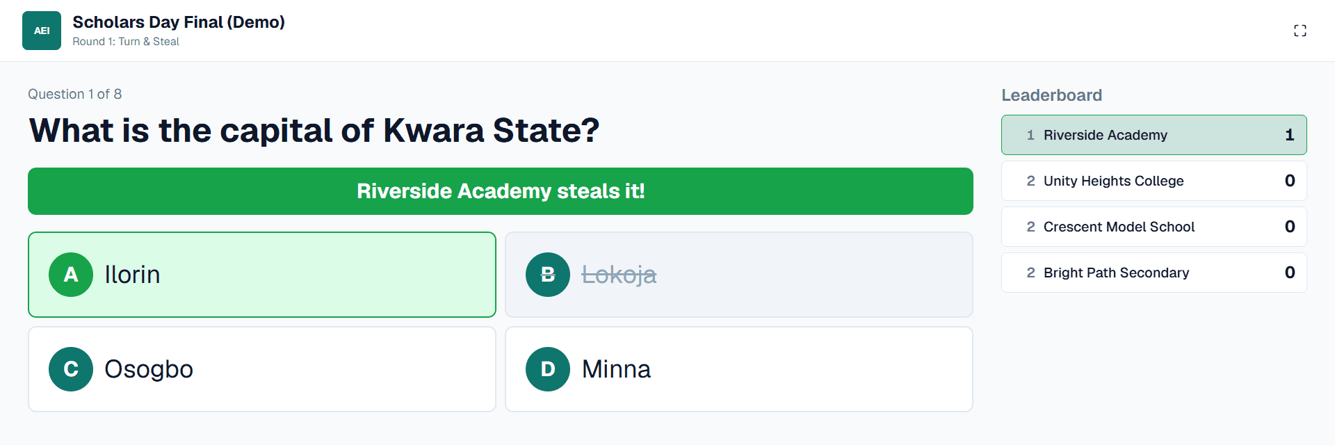The projector view: a team steals the answer and the leaderboard updates