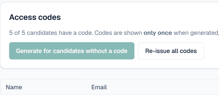 An exam's candidates tab showing access codes issued to every candidate