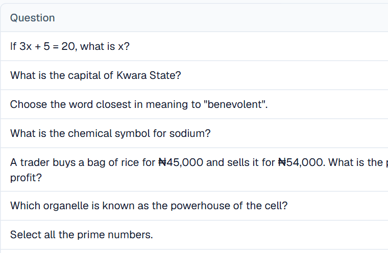 The question bank with imported questions, their types, tags, marks and status